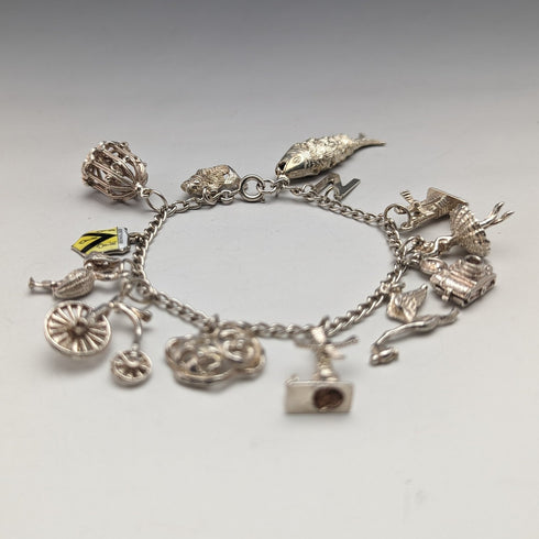 British vintage sterling silver charm bracelet 35g